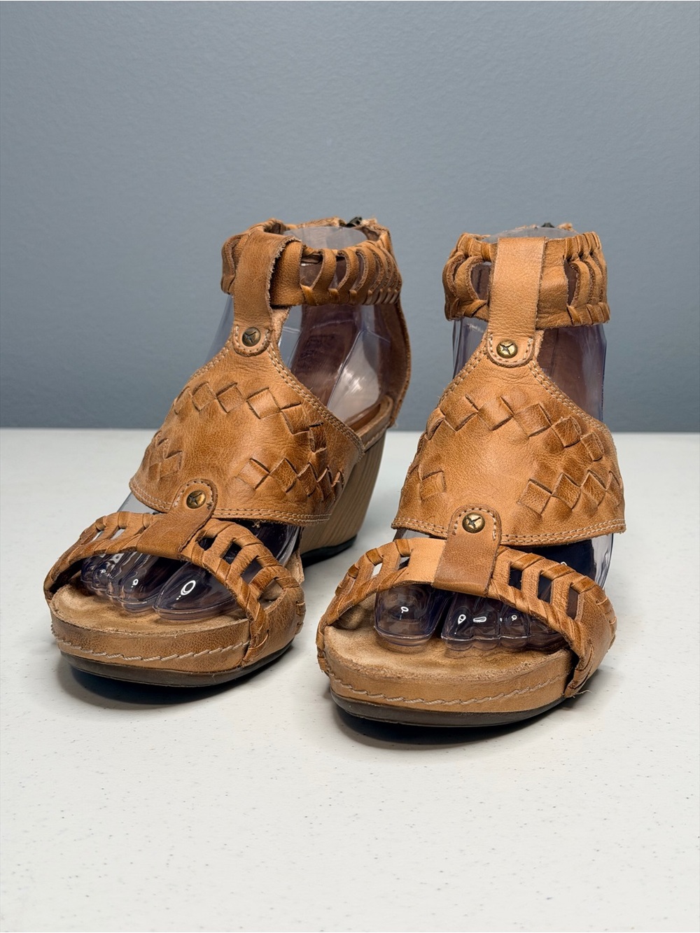 PIKOLINOS Tan Woven Leather Ankle-Wrap Wedge Sandals